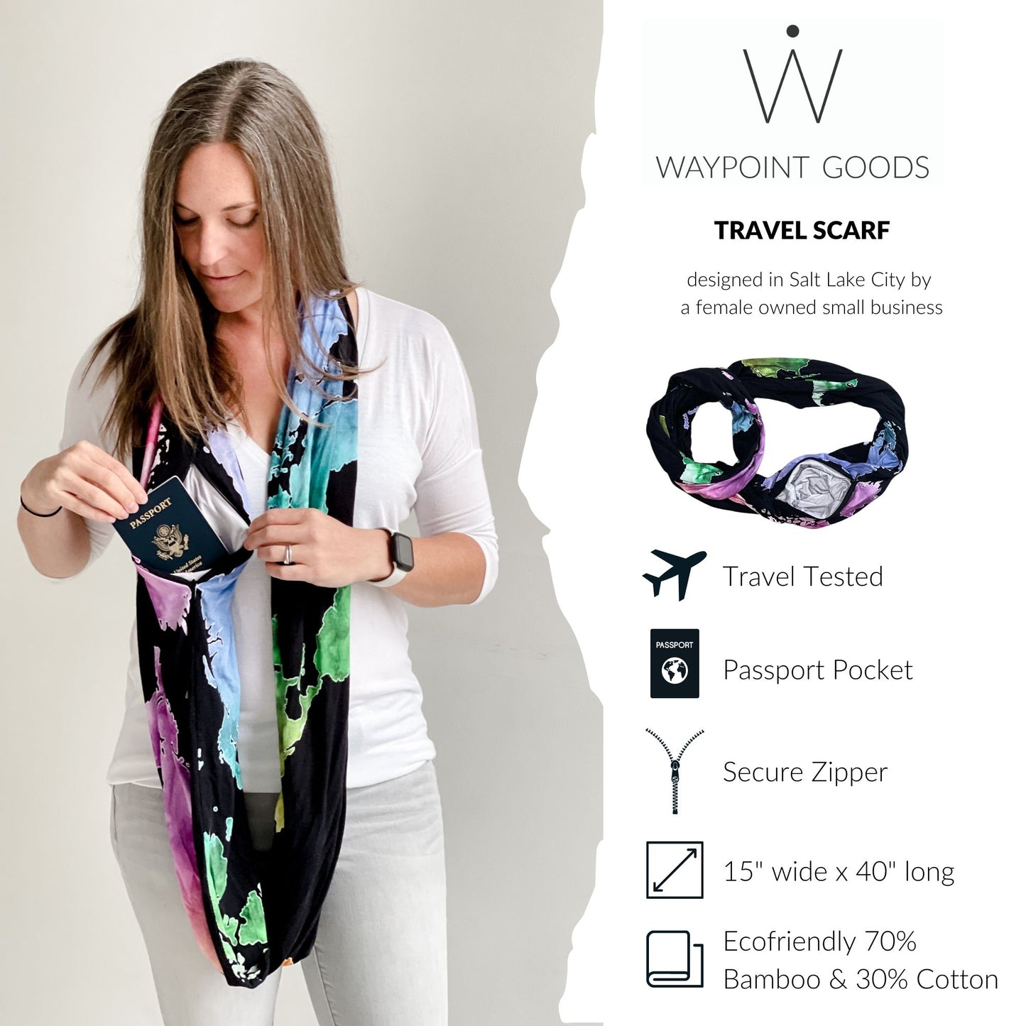 Waypoint Goods Watercolor World Map Travel Scarf