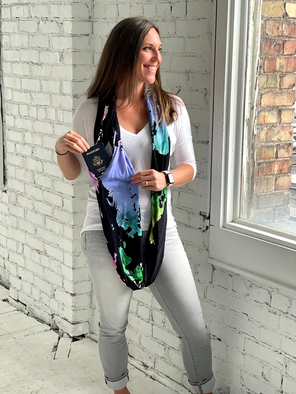 woman wearing waypoint goods travel scarf